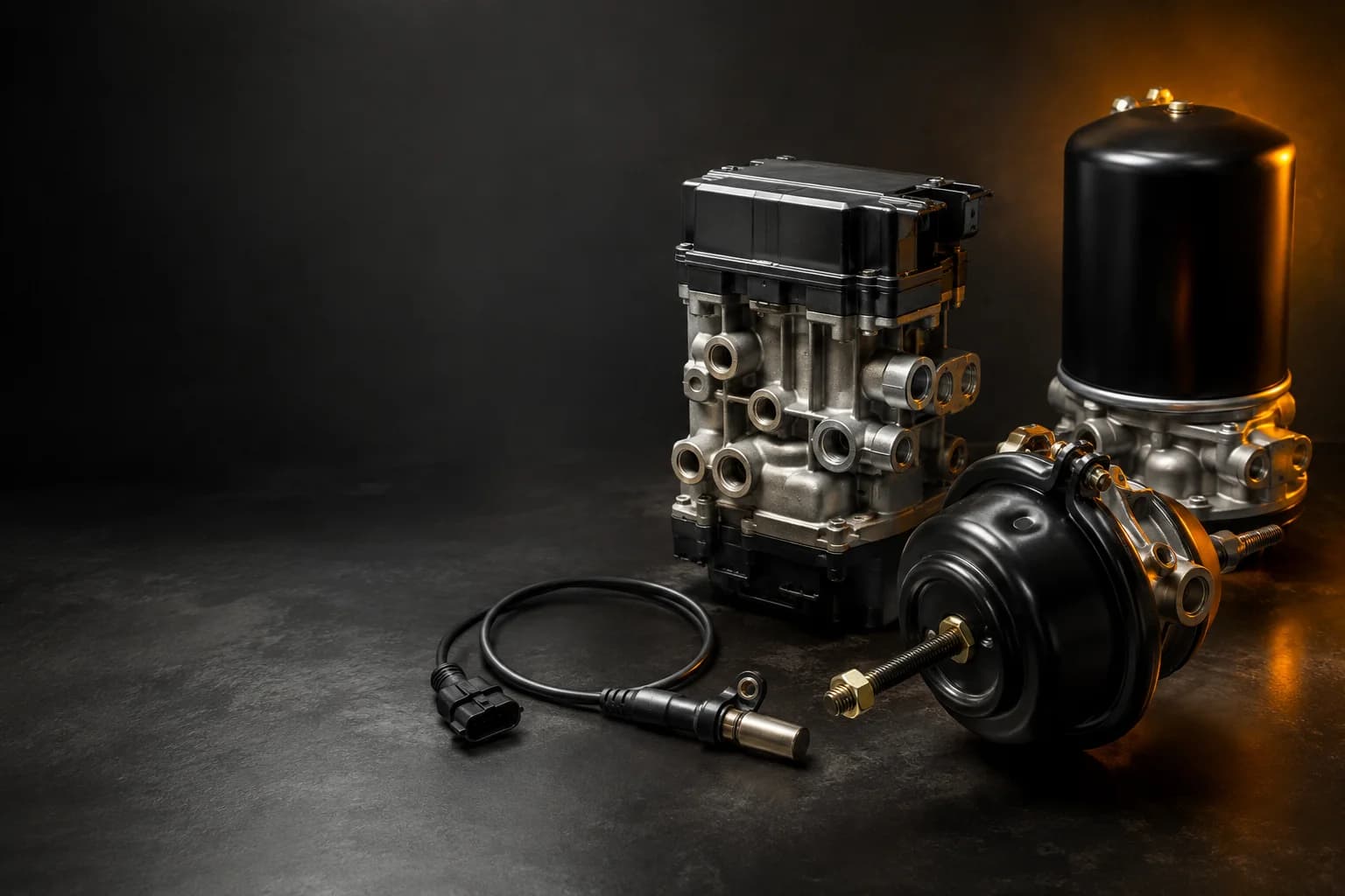 Trailer EBS modulator, brake chamber, wheel-speed sensor and air-treatment components in an industrial setting.
